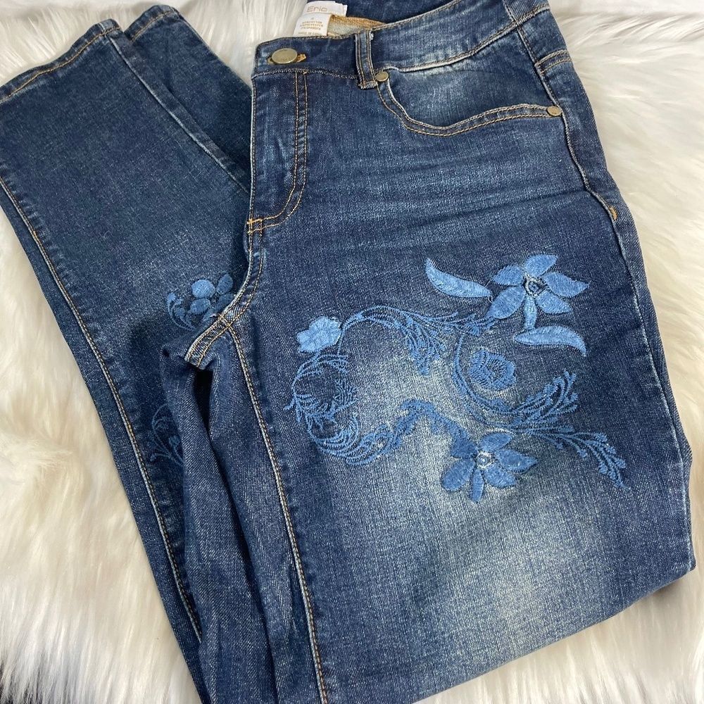 Eric Blue Embroidered‎ Floral Straight Leg Skinny Jeans Sz 2